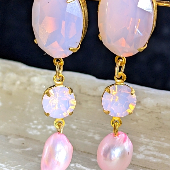 Large Pink Opal Rosewater and Pink Baroque Pearls in Drop Down Earrings GP - Picture 2 of 4